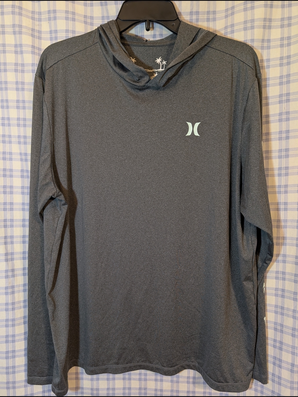 Hurley Men's Hooded Rashguard - Dark Gray with Palm Tree Motif On The Arm